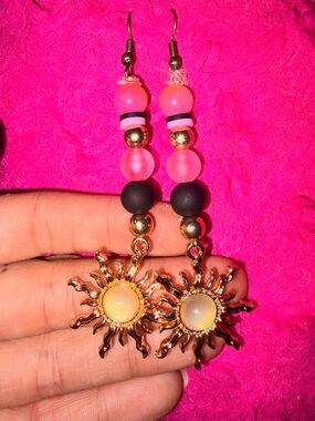 Gold Sun Pendant Earrings with Pink and Black Beads
